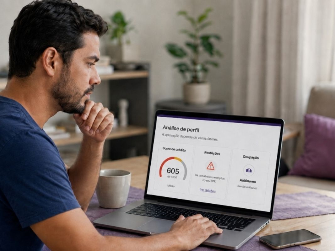 Homem analisando score de crédito, restrições e ocupação durante uma análise de crédito
