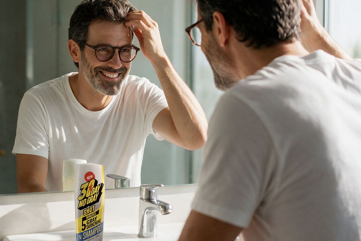 Homem sorrindo cabelos brancos 30 Day no Gray Shot escurecedor