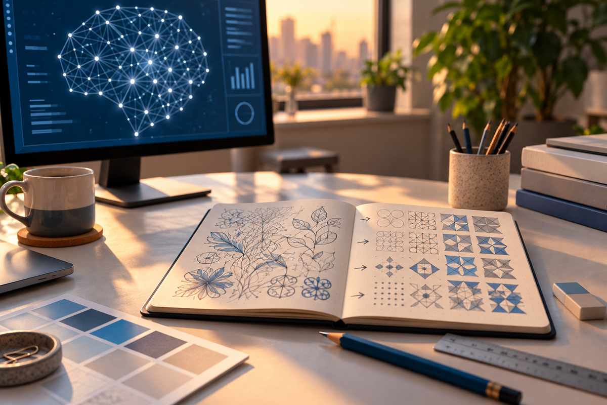 Papel com desenhos manuais e computador ao fundo